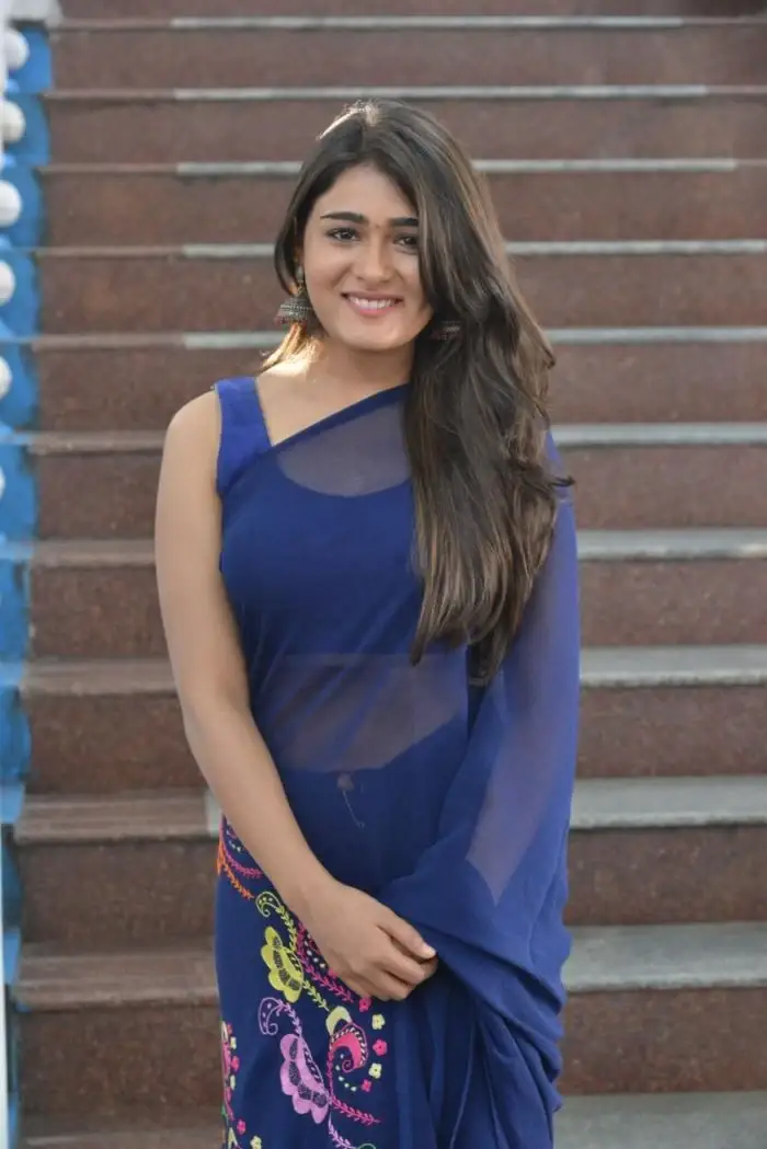 Indian Actress Shalini Pandey In Blue Saree At Telugu Movie Opening